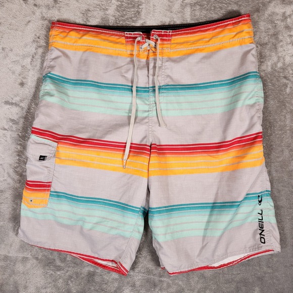 O'Neil Swim Shorts Men's 38 Red Gray Red Yellow Stiped Trunks Drawstring Surfing - Picture 1 of 16